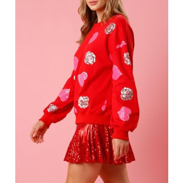 Yiulangde Women Sequin Valentine's Day Sweatshirt Cute Heart Floral Crewneck Sweater Top Sparkly Oversized Long Sleeve Shirts