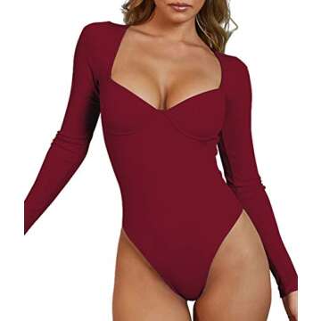 Doklens Womens Long Sleeve Bodysuit Sexy Ribbed V Neck Bodsyuit Lingerie Tops
