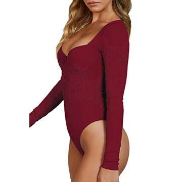 Doklens Womens Long Sleeve Bodysuit Sexy Ribbed V Neck Bodsyuit Lingerie Tops