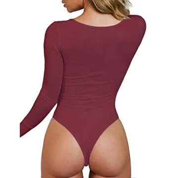 Doklens Womens Long Sleeve Bodysuit Sexy Ribbed V Neck Bodsyuit Lingerie Tops