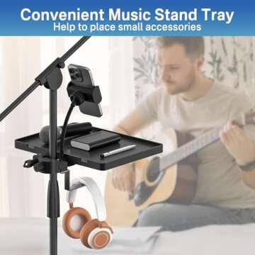Universal Microphone Stand Tray with Phone Holder, Adjustable Mic Stand Tray Shelf Clamp On Utility Shelf - 8.7" x 6.5" Music Stand Tray Attachment for Music Sheet, Live Streaming, Karaoke, Recording