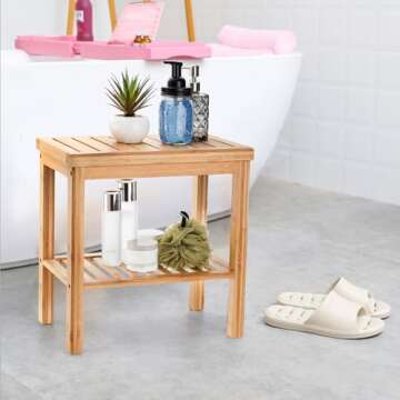 SOUJOY Bamboo Shower Bench, Bath Seat Stool, Spa Foot Rest Shaving Stool, Storage Shelf for Shampoo ...