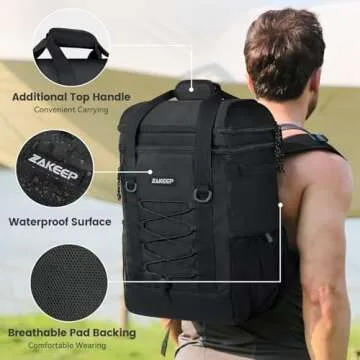 ZAKEEP Cooler Backpack, 36 Cans Multifunctional Leakproof Cooler Backpack with Padded Top Handle, Mesh Pocket for Camping BBQ (Black)