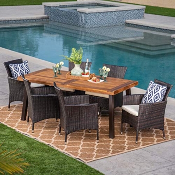 Christopher Knight Home Randy | Outdoor 7-Piece Acacia Wood and Wicker Dining Set with Cushions | Te...