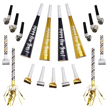 Elegant Black, Gold & Silver Party Horns & Blowouts Set - 50 Count for New Year's & Celebrations