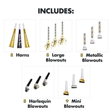 Stylish Black, Gold & Silver Party Horns & Blowouts Set
