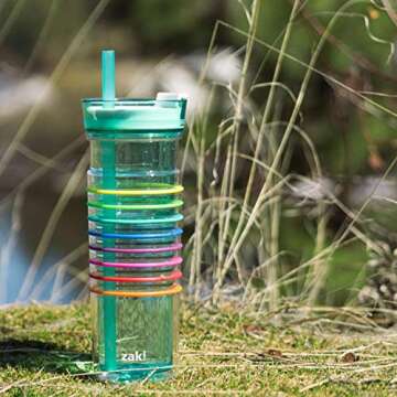 Zak Designs HydraTrak Double Wall Insulated Tumbler with Press in Lid and Wide Straw, Travel Tumbler Made of Break Resistant with 8 Silicone Bands to Track Your Water Intake 20 ounce, Seafoam