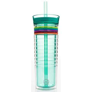 Zak Designs HydraTrak Double Wall Insulated Tumbler with Press in Lid and Wide Straw, Travel Tumbler Made of Break Resistant with 8 Silicone Bands to Track Your Water Intake 20 ounce, Seafoam