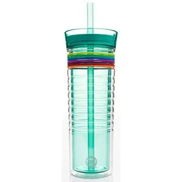 Zak Designs HydraTrak Double Wall Insulated Tumbler with Press in Lid and Wide Straw, Travel Tumbler Made of Break Resistant with 8 Silicone Bands to Track Your Water Intake 20 ounce, Seafoam