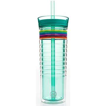 Zak Designs HydraTrak Double Wall Insulated Tumbler with Press in Lid and Wide Straw, Travel Tumbler Made of Break Resistant with 8 Silicone Bands to Track Your Water Intake 20 ounce, Seafoam