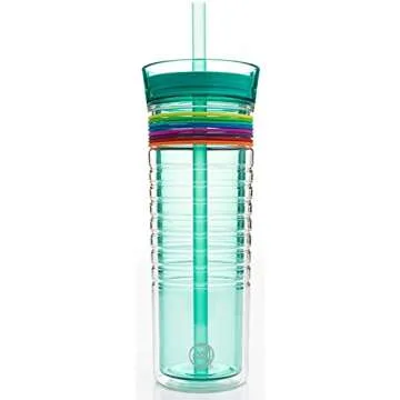 Zak Designs HydraTrak Double Wall Insulated Tumbler with Press in Lid and Wide Straw, Travel Tumbler Made of Break Resistant with 8 Silicone Bands to Track Your Water Intake 20 ounce, Seafoam