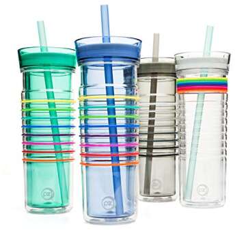 Zak Designs HydraTrak Double Wall Insulated Tumbler with Press in Lid and Wide Straw, Travel Tumbler Made of Break Resistant with 8 Silicone Bands to Track Your Water Intake 20 ounce, Seafoam