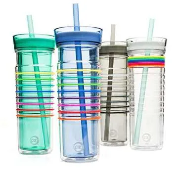 Zak Designs HydraTrak Double Wall Insulated Tumbler with Press in Lid and Wide Straw, Travel Tumbler Made of Break Resistant with 8 Silicone Bands to Track Your Water Intake 20 ounce, Seafoam
