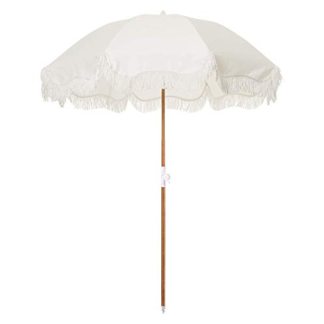 Business & Pleasure Co. Holiday Umbrella - Boho Beach Umbrella with White Fringe, UPF 50+, 1" Tilting Wood Pole, 5’ x 6.5’, Antique White