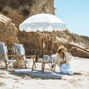 Business & Pleasure Co. Holiday Umbrella - Boho Beach Umbrella with White Fringe, UPF 50+, 1" Tilting Wood Pole, 5’ x 6.5’, Antique White