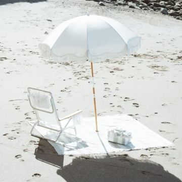 Business & Pleasure Co. Holiday Umbrella - Boho Beach Umbrella with White Fringe, UPF 50+, 1" Tilting Wood Pole, 5’ x 6.5’, Antique White