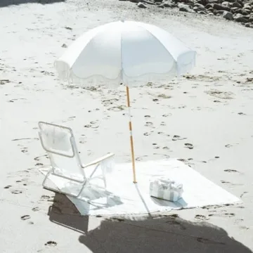 Business & Pleasure Co. Holiday Umbrella - Boho Beach Umbrella with White Fringe, UPF 50+, 1" Tilting Wood Pole, 5’ x 6.5’, Antique White