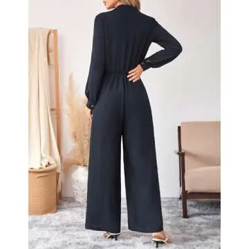 LOOKBOHO Women's Dressy Jumpsuits Long Sleeve Button Front Lapel Collar Wide Leg Long Pants Romper One Piece Outfits Blue S