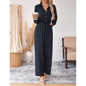 LOOKBOHO Women's Dressy Jumpsuits Long Sleeve Button Front Lapel Collar Wide Leg Long Pants Romper One Piece Outfits Blue S