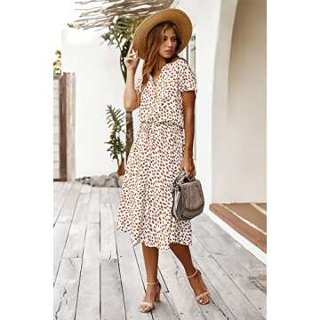 Women's Casual Summer Dress V-Neck Short Sleeve Dress A-Line Floral Printed Tunic Dresses(White,Small