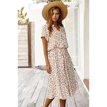 Women's Casual Summer Dress V-Neck Short Sleeve Dress A-Line Floral Printed Tunic Dresses(White,Small