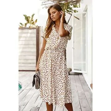 Women's Casual Summer Dress V-Neck Short Sleeve Dress A-Line Floral Printed Tunic Dresses(White,Small