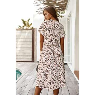 Women's Casual Summer Dress V-Neck Short Sleeve Dress A-Line Floral Printed Tunic Dresses(White,Small