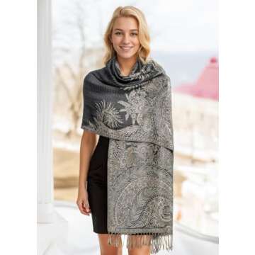 Achillea Soft Silky Reversible Paisley Pashmina Shawl Wrap Scarf w/Fringes (Big Paisley Black)