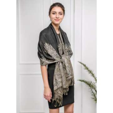 Achillea Soft Silky Reversible Paisley Pashmina Shawl Wrap Scarf w/Fringes (Big Paisley Black)