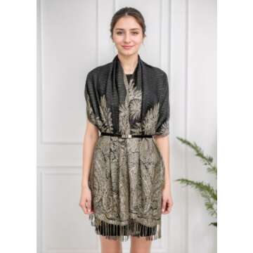 Achillea Soft Silky Reversible Paisley Pashmina Shawl Wrap Scarf w/Fringes (Big Paisley Black)