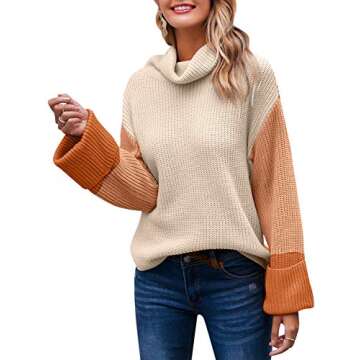 BerryGo Women's Casual Color Block Long Sleeve Turtleneck Sweater Pullover Knit Jumper Orange-L