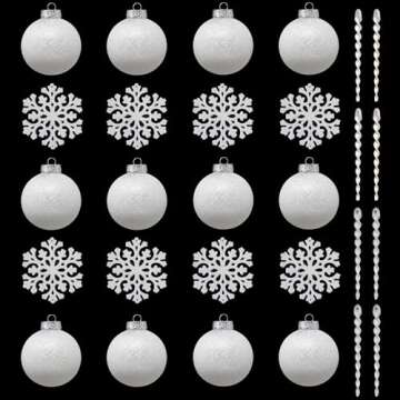SLEETLY 28pc White Christmas Ball Ornaments for Farmhouse Tree Holiday Xmas Decorations, Large Shatterproof Plastic 3.15 Inch Glitter Snow Balls with White Ribbon Hangers, Icicles and Snowflakes Set
