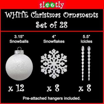 SLEETLY 28pc White Christmas Ball Ornaments for Farmhouse Tree Holiday Xmas Decorations, Large Shatterproof Plastic 3.15 Inch Glitter Snow Balls with White Ribbon Hangers, Icicles and Snowflakes Set