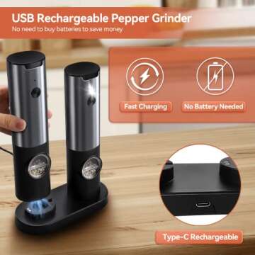 Electric Salt and Pepper Grinders Rechargeable One Hand Operation