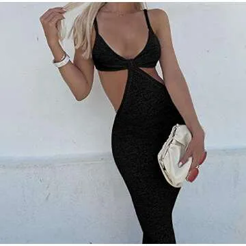 LouVasabuce Women Sexy Dress Knitted One-Piece Club Wear V Neck Backless Cutout Bodycon Hip Maxi Dress Evening Cocktail Dress Black