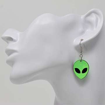 Alien Head Dangle Earrings | Hand-Painted UV Reactive Wood Drop Earring Jewelry