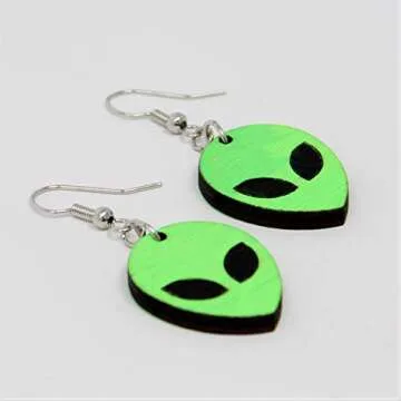 Alien Head Dangle Earrings | Hand-Painted UV Reactive Wood Drop Earring Jewelry