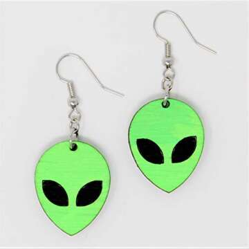 Alien Head Dangle Earrings | Hand-Painted UV Reactive Wood Drop Earring Jewelry