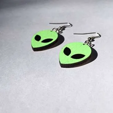 Alien Head Dangle Earrings | Hand-Painted UV Reactive Wood Drop Earring Jewelry