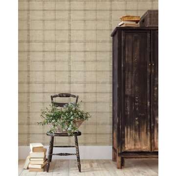 RollsRolla Plaid Peel and Stick Wallpaper in Linen Beige Color - Neutral Modern Line Self-Adhesive T...