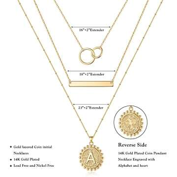 Yoosteel Gold Letter Necklaces for Womens, 14K Gold Plated Dainty Layering Bar Chain Necklace Personalized Initial E Coin Pendant Necklaces Gold Jewelry for Womens Gifts
