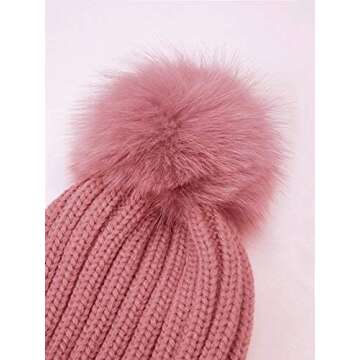 LITHER Women Winter Warm Pom Pom Beanie with Real Large Raccoon Fur Balls Winter Hats Pink