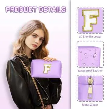 TOPEAST Initial Cosmetic Bag, PU Leather Waterproof Travel Toiletry Bag, Monogrammed Gifts for Women, Personalized Birthday Gift for Sister Friends, Cute Stuff for Girls (Purple K)