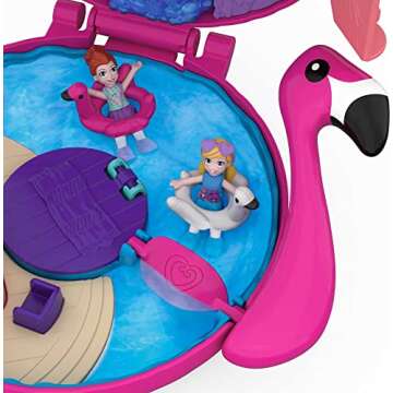 Polly Pocket Compact Playset, Flamingo Floatie with 2 Micro Dolls & Accessories, Travel Toy with Surprise Reveals