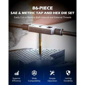 Orion Motor Tech 86pc Tap and Die Set in SAE and Metric, Titanium Coated Steel Tap Set and Die Tool Set for Homeowners Mechanics and Craftsmen Metric and Standard Internal and External Threading