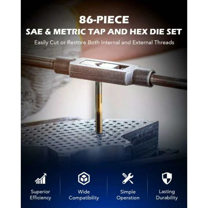 Orion Motor Tech 86pc Tap and Die Set in SAE and Metric, Titanium Coated Steel Tap Set and Die Tool Set for Homeowners Mechanics and Craftsmen Metric and Standard Internal and External Threading