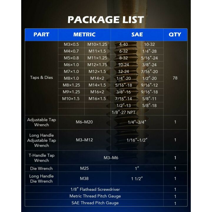 Orion Motor Tech 86pc Tap and Die Set in SAE and Metric, Titanium Coated Steel Tap Set and Die Tool Set for Homeowners Mechanics and Craftsmen Metric and Standard Internal and External Threading