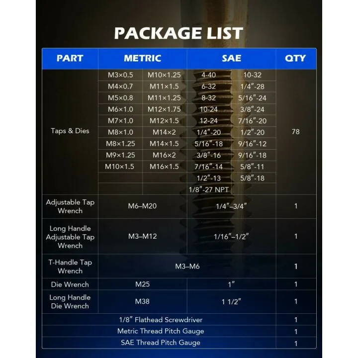 Orion Motor Tech 86pc Tap and Die Set in SAE and Metric, Titanium Coated Steel Tap Set and Die Tool Set for Homeowners Mechanics and Craftsmen Metric and Standard Internal and External Threading
