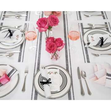 Solino Home Stripe Linen Table Runner 120 Inches Long – 100% Pure Linen Black and White Dining Tab...