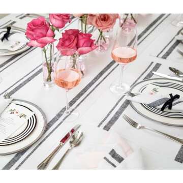 Solino Home Stripe Linen Table Runner 120 Inches Long – 100% Pure Linen Black and White Dining Table Runner 14 x 120 Inch Ideal for Wedding, Parties, Spring, Easter – French Stripe